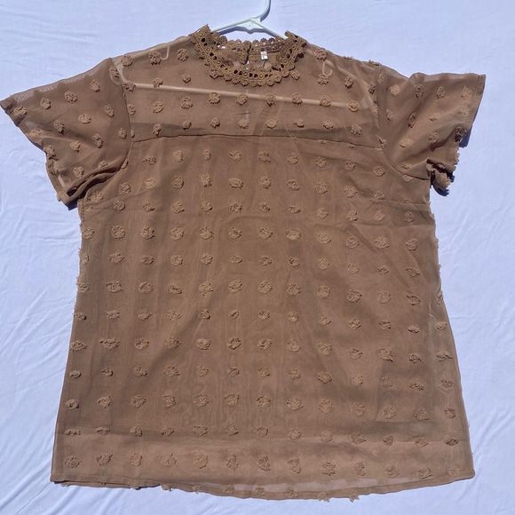 Beige Size Large High Neck Polka Dot Sheer Blouse With Attached Cami - Picture 1 of 5
